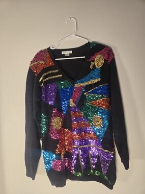 Christina Black Multicolor Sequin V-Neck Sweater